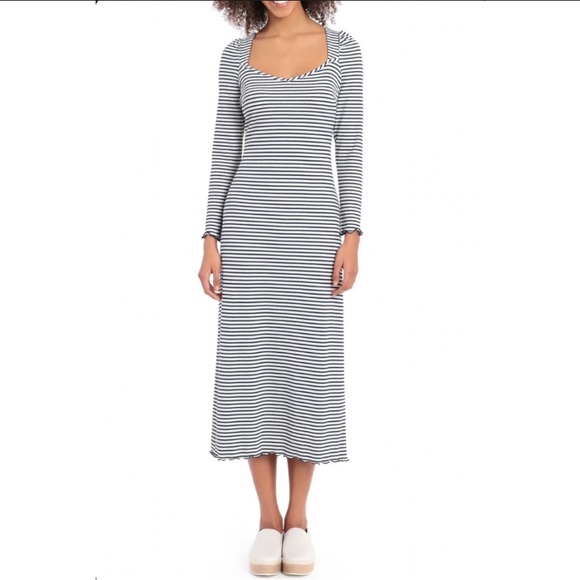 Maggy London long sleeve ribbed black and white stripped midi dress - Picture 3 of 8